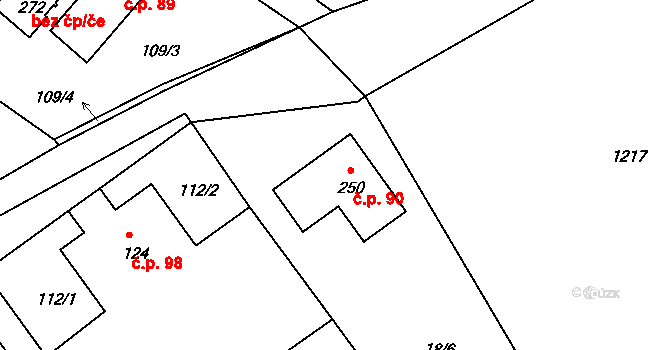 Rostěnice 90, Rostěnice-Zvonovice na parcele st. 250 v KÚ Rostěnice, Katastrální mapa