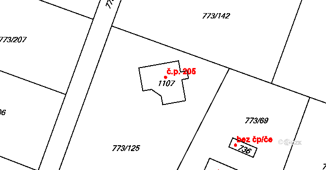 Brtnice 205, Velké Popovice na parcele st. 1107 v KÚ Velké Popovice, Katastrální mapa