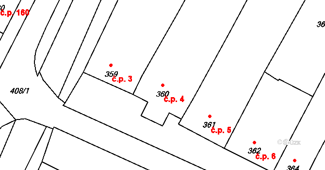 Hodějice 4 na parcele st. 360 v KÚ Hodějice, Katastrální mapa