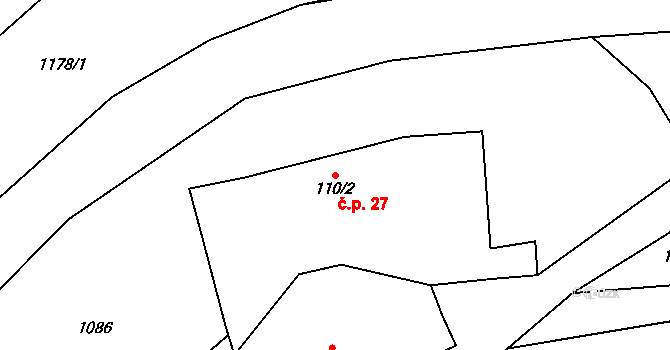 Žabokrky 27, Hronov na parcele st. 110/2 v KÚ Žabokrky, Katastrální mapa