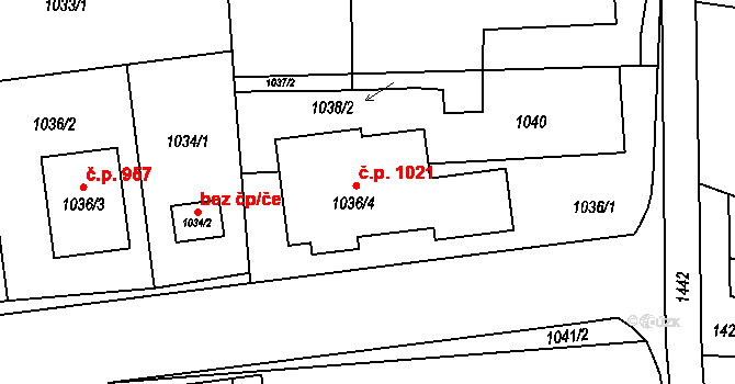 Lyžbice 1021, Třinec na parcele st. 1036/4 v KÚ Lyžbice, Katastrální mapa