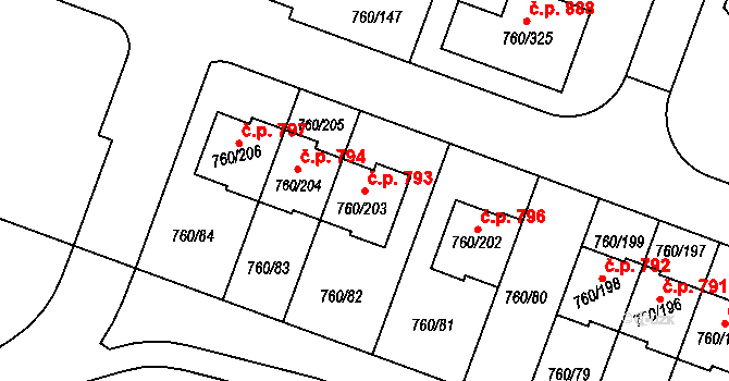 Letňany 793, Praha na parcele st. 760/203 v KÚ Letňany, Katastrální mapa