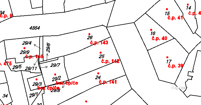 Louny 142 na parcele st. 25 v KÚ Louny, Katastrální mapa