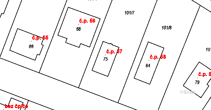 Vyšehorky 57, Líšnice na parcele st. 75 v KÚ Vyšehorky, Katastrální mapa