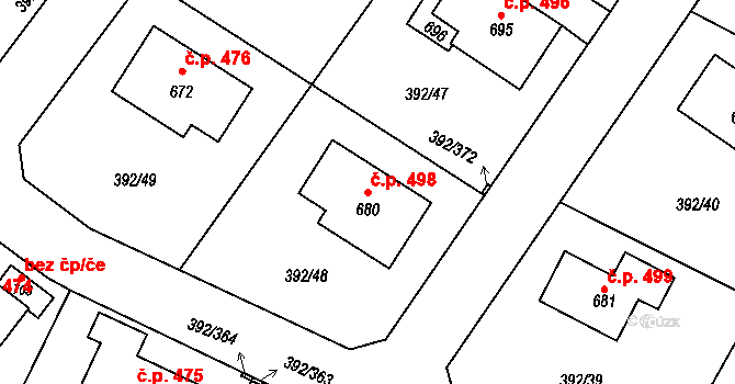 Všeruby 498 na parcele st. 680 v KÚ Všeruby u Plzně, Katastrální mapa