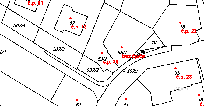 Drahlov 38, Kroměříž na parcele st. 53/2 v KÚ Drahlov u Jarohněvic, Katastrální mapa