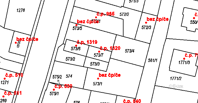 Kosmonosy 1320 na parcele st. 573/7 v KÚ Kosmonosy, Katastrální mapa