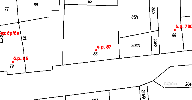 Troubky 57 na parcele st. 83 v KÚ Troubky nad Bečvou, Katastrální mapa