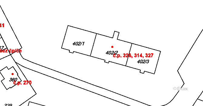 Hroznětín 314,326,327 na parcele st. 402/2 v KÚ Hroznětín, Katastrální mapa