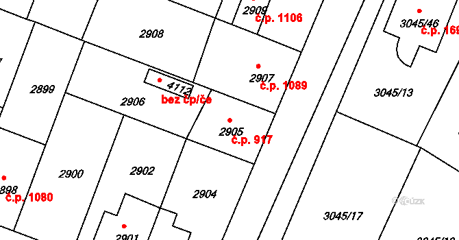 Čelákovice 917 na parcele st. 2905 v KÚ Čelákovice, Katastrální mapa
