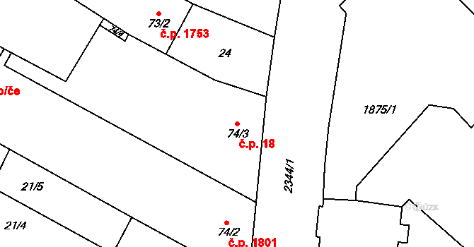 Tišnov 18 na parcele st. 74/3 v KÚ Tišnov, Katastrální mapa