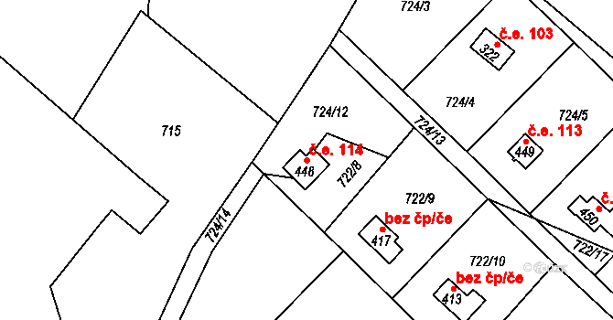 Měřín 114, Rabyně na parcele st. 448 v KÚ Blaženice, Katastrální mapa
