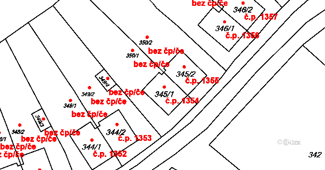 Luboměř pod Strážnou 1354,1355 na parcele st. 345/1 v KÚ Luboměř u Potštátu, Katastrální mapa