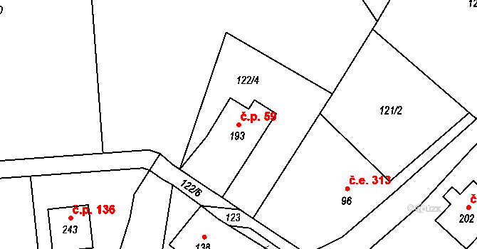Pohořany 59, Žitenice na parcele st. 193 v KÚ Pohořany, Katastrální mapa