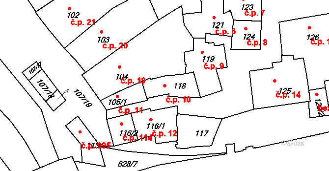 Zámostí 10, Třebíč na parcele st. 118 v KÚ Podklášteří, Katastrální mapa