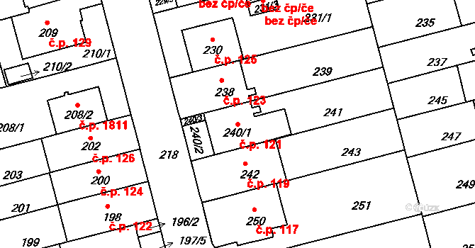 Černá Pole 121, Brno na parcele st. 240/1 v KÚ Černá Pole, Katastrální mapa