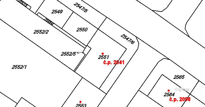 Žabovřesky 2041, Brno na parcele st. 2551 v KÚ Žabovřesky, Katastrální mapa