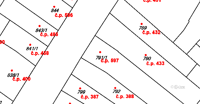 Teplice 597 na parcele st. 791/1 v KÚ Teplice, Katastrální mapa