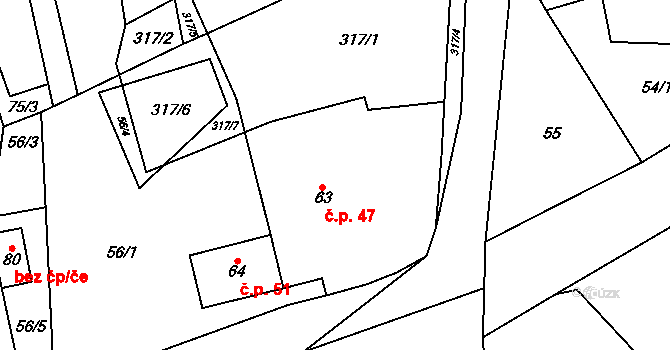 Mančice 47, Dolní Chvatliny na parcele st. 63 v KÚ Mančice, Katastrální mapa