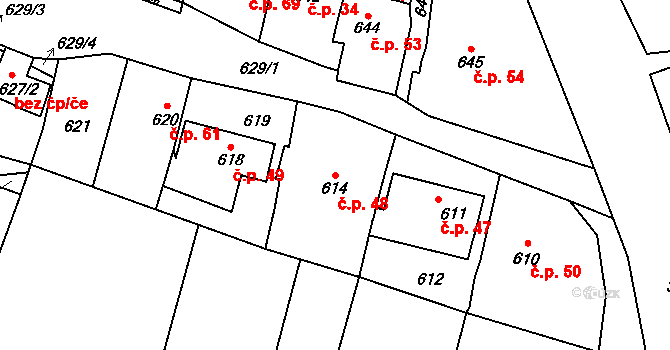 Podlázky 48, Mladá Boleslav na parcele st. 614 v KÚ Podlázky, Katastrální mapa