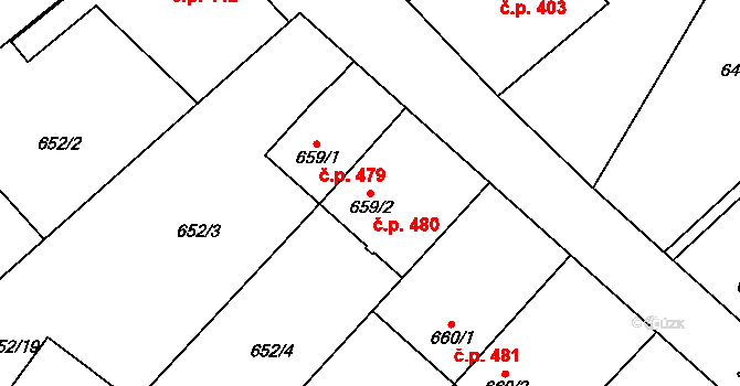 Borohrádek 480 na parcele st. 659/2 v KÚ Borohrádek, Katastrální mapa