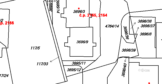 Modřany 2164,2165, Praha na parcele st. 3696/9 v KÚ Modřany, Katastrální mapa