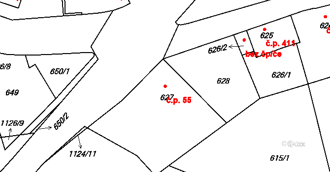 Liberec VII-Horní Růžodol 55, Liberec na parcele st. 627 v KÚ Horní Růžodol, Katastrální mapa