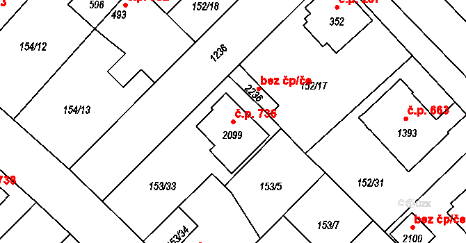 Úšovice 736, Mariánské Lázně na parcele st. 2099 v KÚ Úšovice, Katastrální mapa