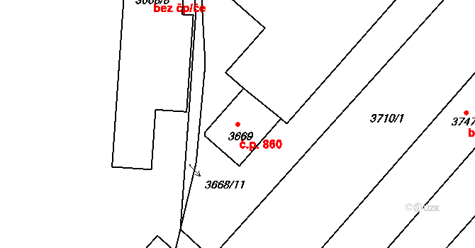 Děčín V-Rozbělesy 860, Děčín na parcele st. 3669 v KÚ Podmokly, Katastrální mapa