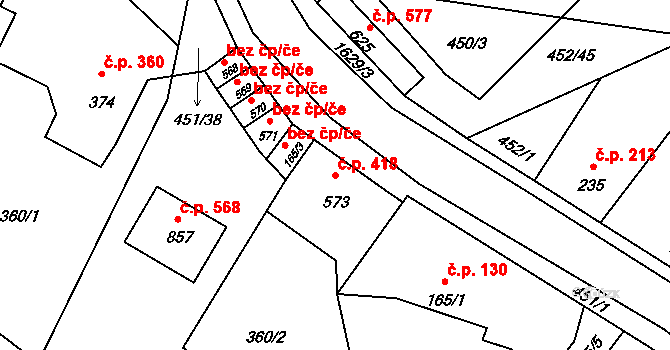 Bystřice 418 na parcele st. 573 v KÚ Bystřice u Benešova, Katastrální mapa