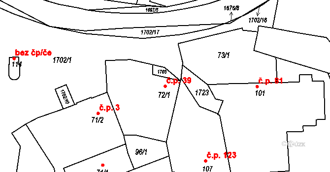 Jestřabí 39 na parcele st. 72/1 v KÚ Jestřabí nad Vláří, Katastrální mapa
