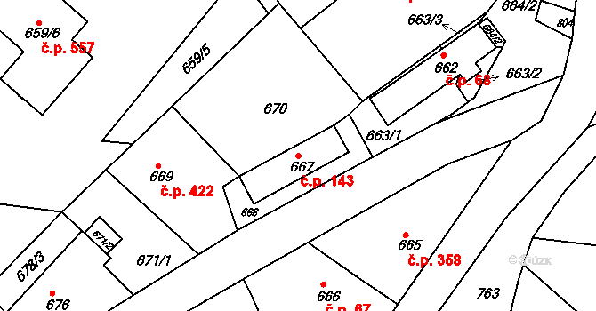 Březnice 143 na parcele st. 667 v KÚ Březnice u Zlína, Katastrální mapa