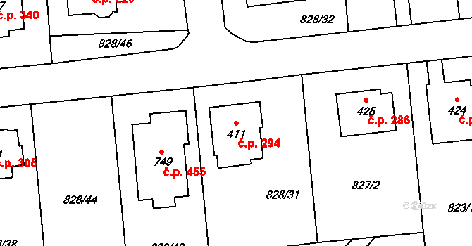 Louky 294, Zlín na parcele st. 411 v KÚ Louky nad Dřevnicí, Katastrální mapa