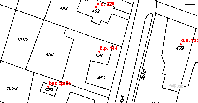 Suché Lazce 144, Opava na parcele st. 458 v KÚ Suché Lazce, Katastrální mapa