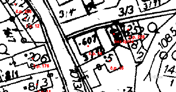 Hrochův Týnec 14 na parcele st. 607 v KÚ Hrochův Týnec, Katastrální mapa