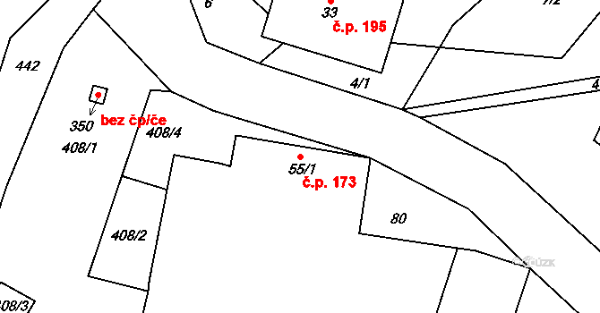 Tuchoměřice 173 na parcele st. 55/1 v KÚ Kněžívka, Katastrální mapa
