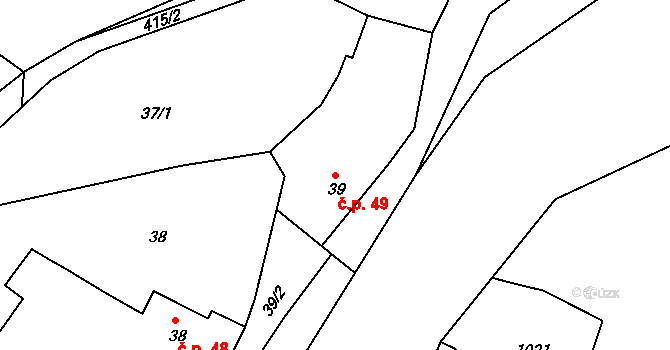 Budislav 49 na parcele st. 39 v KÚ Budislav, Katastrální mapa