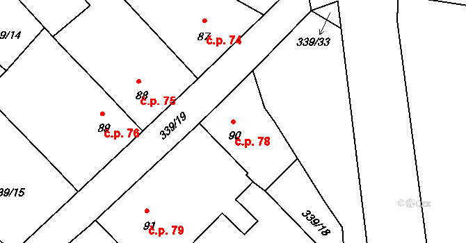 Borovy 78 na parcele st. 90 v KÚ Borovy, Katastrální mapa