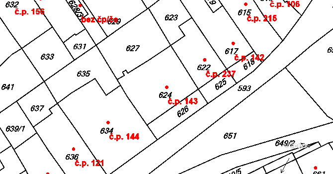 Jedovnice 143 na parcele st. 624 v KÚ Jedovnice, Katastrální mapa