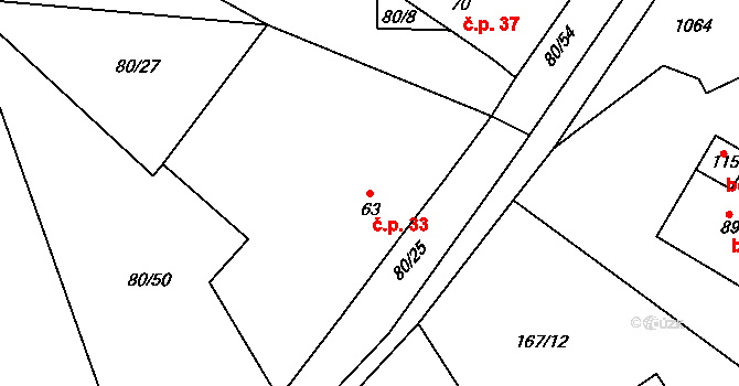 Drahouš 33 na parcele st. 63 v KÚ Drahouš, Katastrální mapa