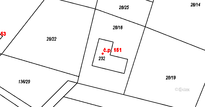 Černouček 151 na parcele st. 232 v KÚ Černouček, Katastrální mapa