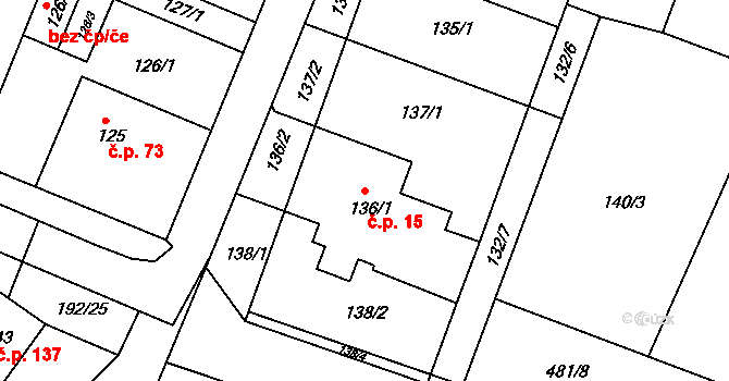 Práče 15 na parcele st. 136/1 v KÚ Práče, Katastrální mapa