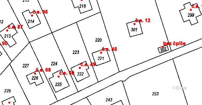 Dojetřice 45, Sázava na parcele st. 221 v KÚ Dojetřice, Katastrální mapa