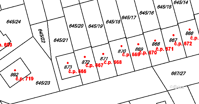 Lišov 668 na parcele st. 871 v KÚ Lišov, Katastrální mapa