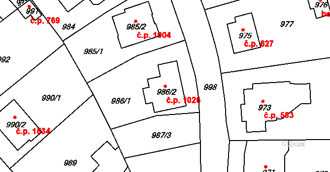 Roztoky 1026 na parcele st. 986/2 v KÚ Roztoky u Prahy, Katastrální mapa