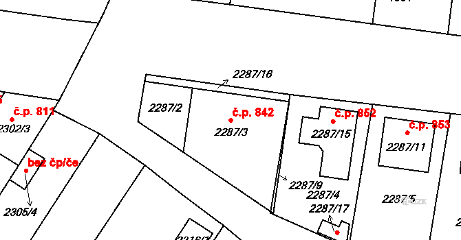 Lužice 842 na parcele st. 2287/3 v KÚ Lužice u Hodonína, Katastrální mapa