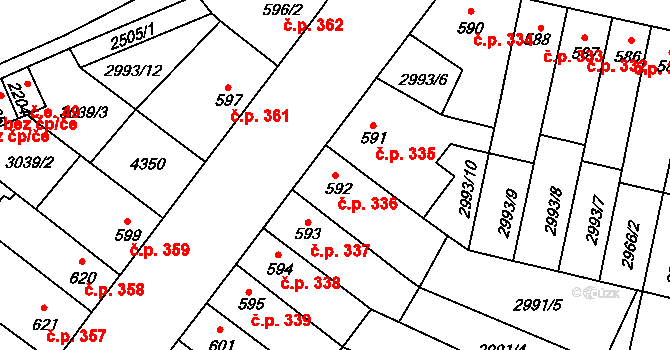 Kyjov 336 na parcele st. 592 v KÚ Kyjov, Katastrální mapa
