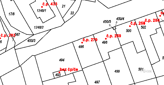 Hřebeč 279 na parcele st. 496 v KÚ Hřebeč, Katastrální mapa