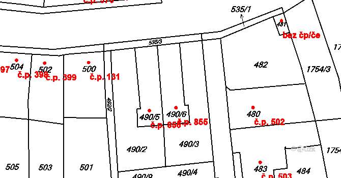 Kosmonosy 855 na parcele st. 490/6 v KÚ Kosmonosy, Katastrální mapa