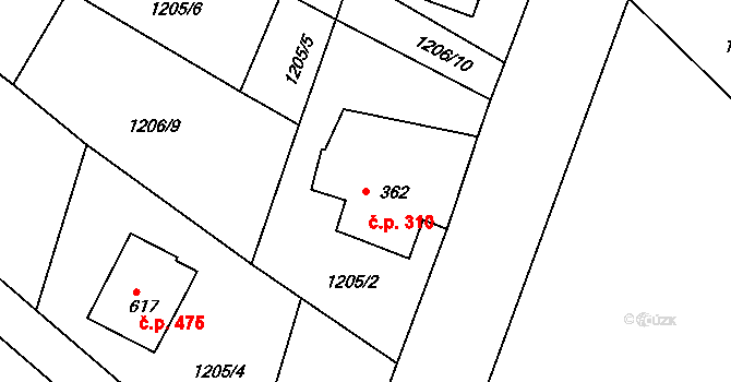 Dolní Podluží 310 na parcele st. 362 v KÚ Dolní Podluží, Katastrální mapa